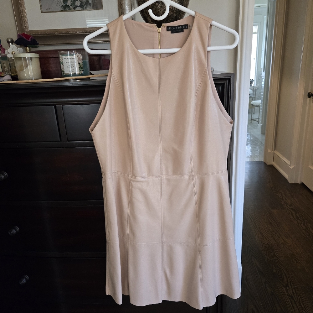 Alice & Olivia, Vegan Leather Fit And Flare Mini Dress, Sz 14, Tan